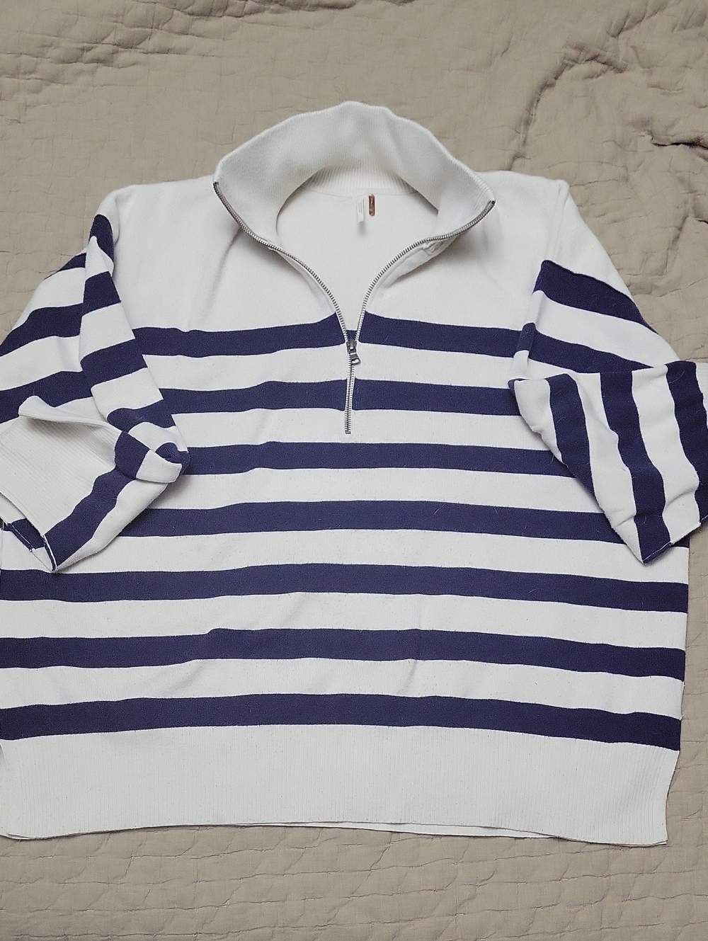 Women's Free People White & Navy Striped Half-Zip Slouchy Sweater